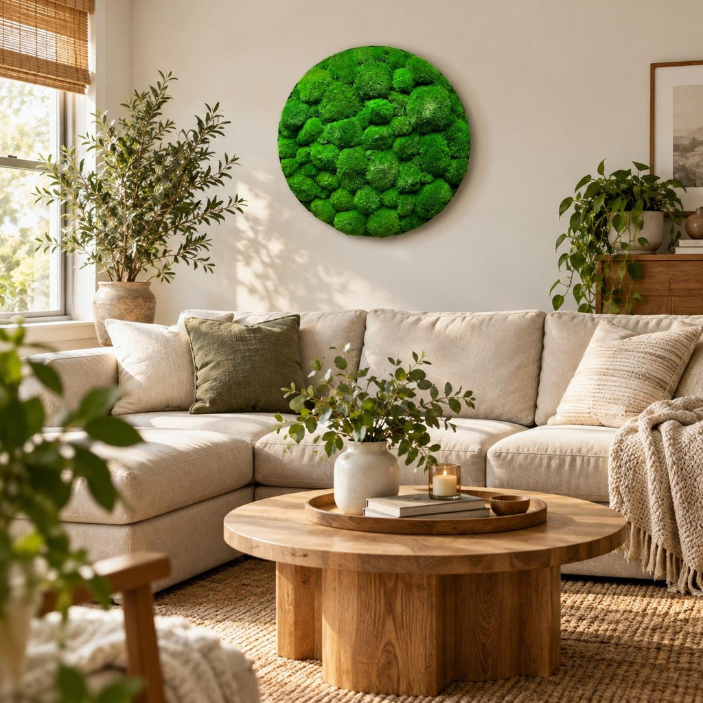 A circular wall art piece composed of vibrant green preserved moss, featuring a dense, textured cluster of rounded moss mounds. The artwork is mounted on a plain wall above a beige sectional sofa in a bright, naturally lit living room.