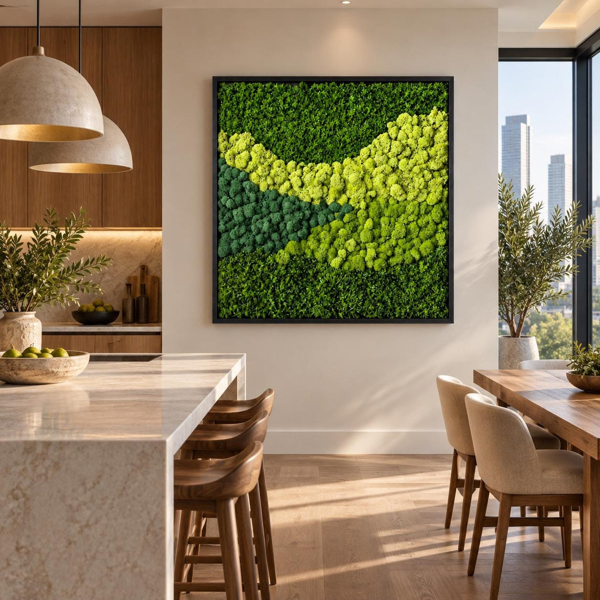 A square wall art piece featuring a dense arrangement of preserved moss in varying shades of green, ranging from deep forest green to bright lime, contained within a thin black frame, creating a textured, organic, and layered appearance.