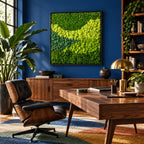 A square wall art piece featuring a dense arrangement of preserved moss in varying shades of bright lime, forest, and emerald green, encased in a thin black frame, displayed on a deep blue wall above a wooden sideboard.