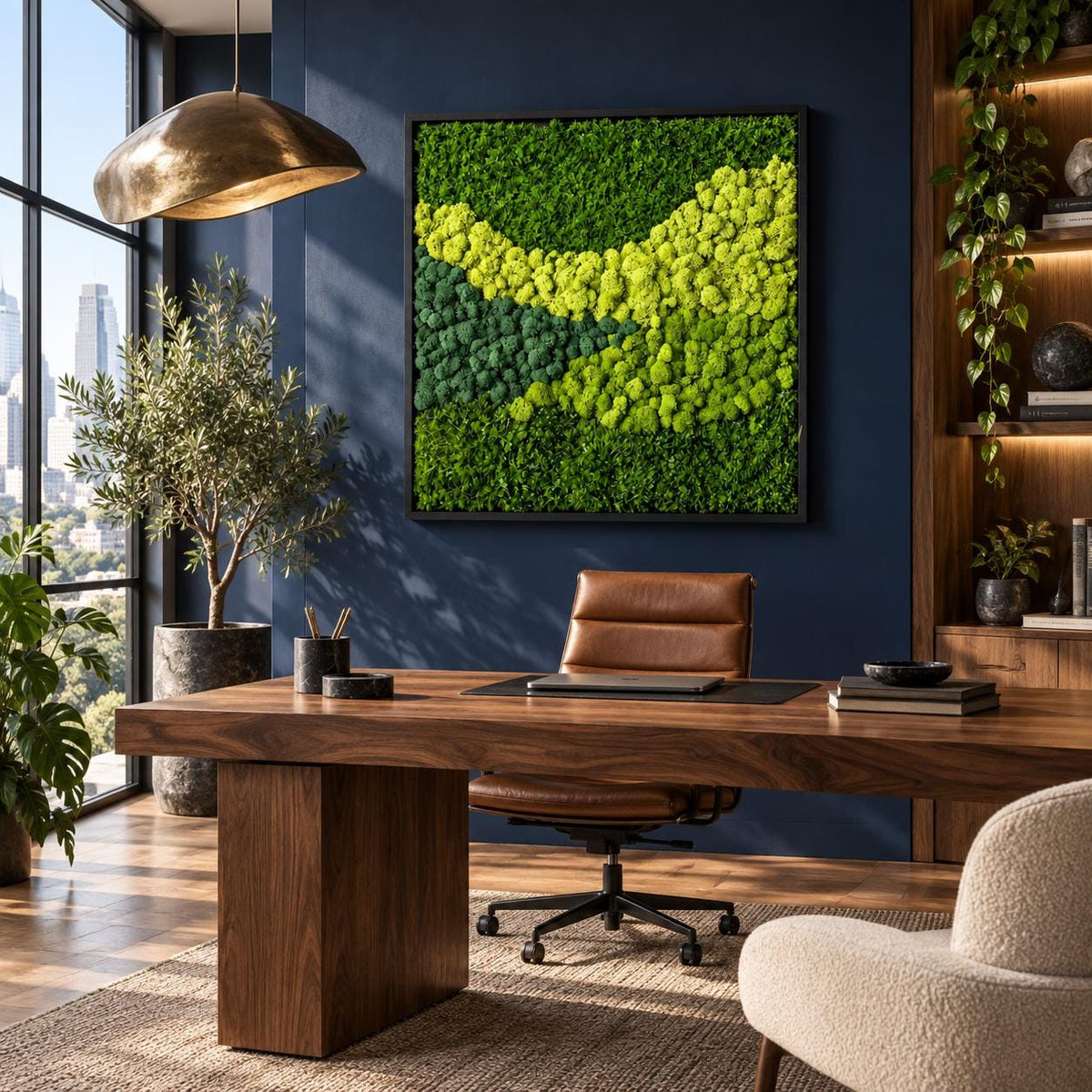 A square wall art piece featuring a dense arrangement of preserved moss in varying shades of vibrant lime green, forest green, and deep emerald green, encased in a thin black frame and mounted on a dark navy blue wall.