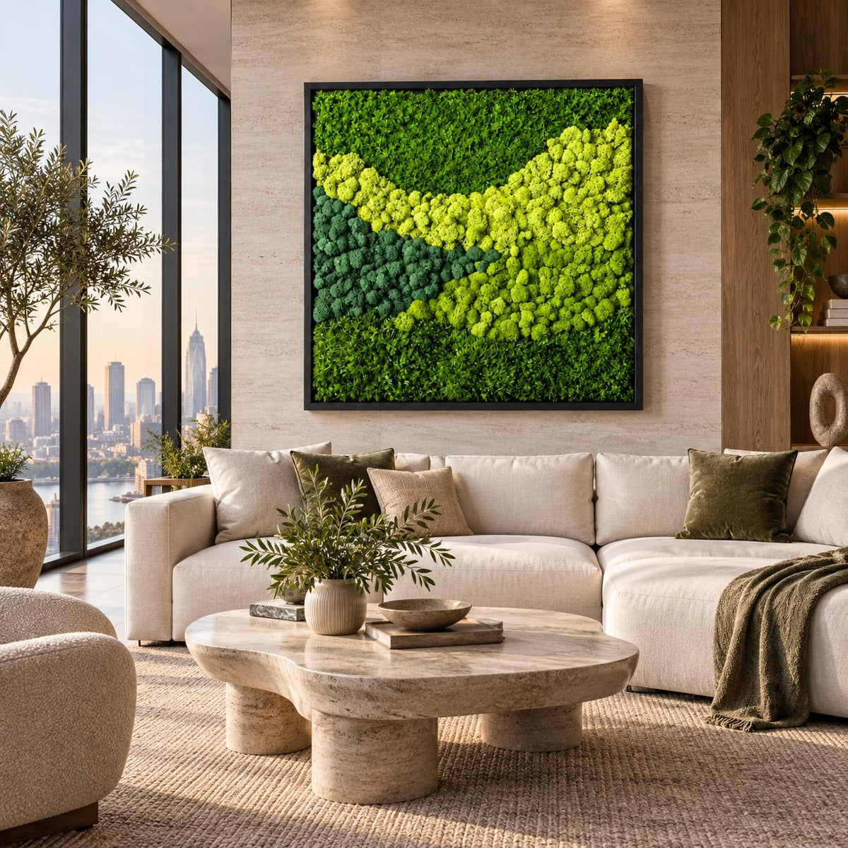 A square wall art piece featuring a dense arrangement of preserved moss in varying shades of vibrant lime green, forest green, and deep emerald green, encased within a thin black frame, mounted on a light-colored stone wall.
