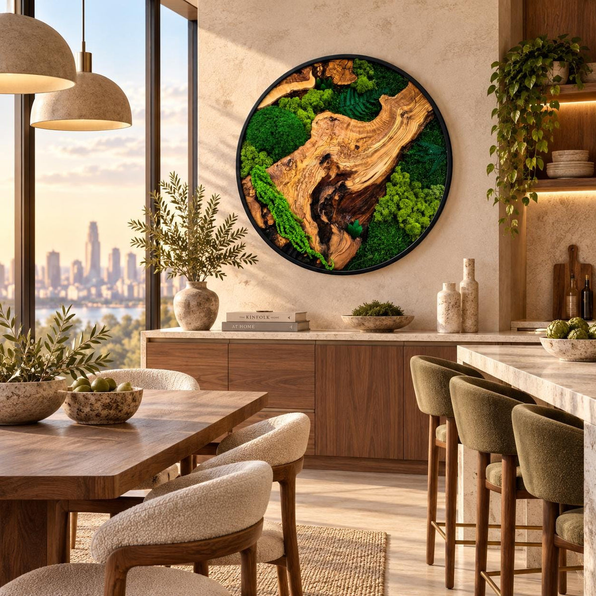 A circular wall art piece featuring a natural wood slice centerpiece surrounded by vibrant green preserved moss, encased in a thin black frame. The artwork is mounted on a textured beige wall above a wooden sideboard in a dining room.