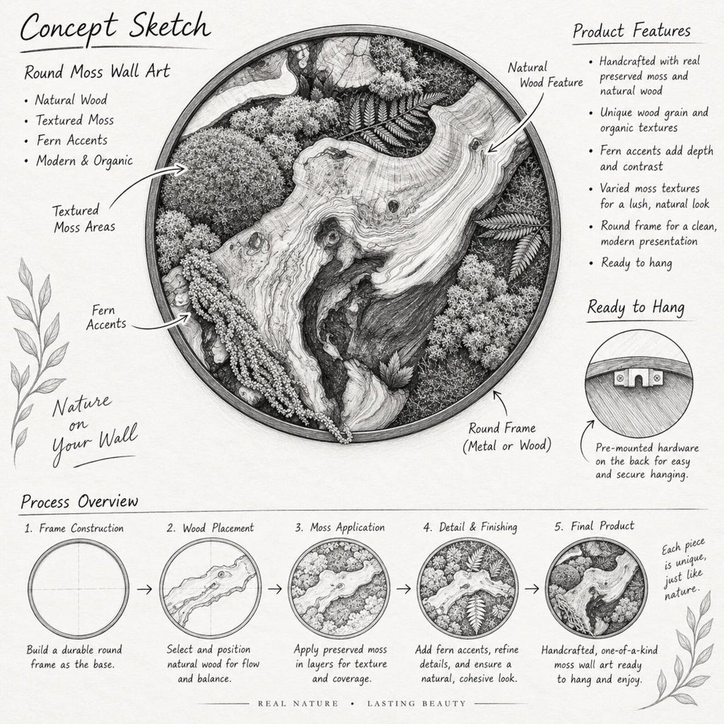 A black and white concept sketch of round moss wall art featuring a central piece of natural wood surrounded by textured moss and fern accents within a circular frame. The illustration includes labels for product features, a process overview, and hanging hardware details.