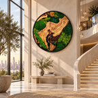 A circular wall art piece featuring a large, polished piece of natural wood grain with dark knots, surrounded by various textures of preserved green moss in different shades, all enclosed within a thin black circular frame.
