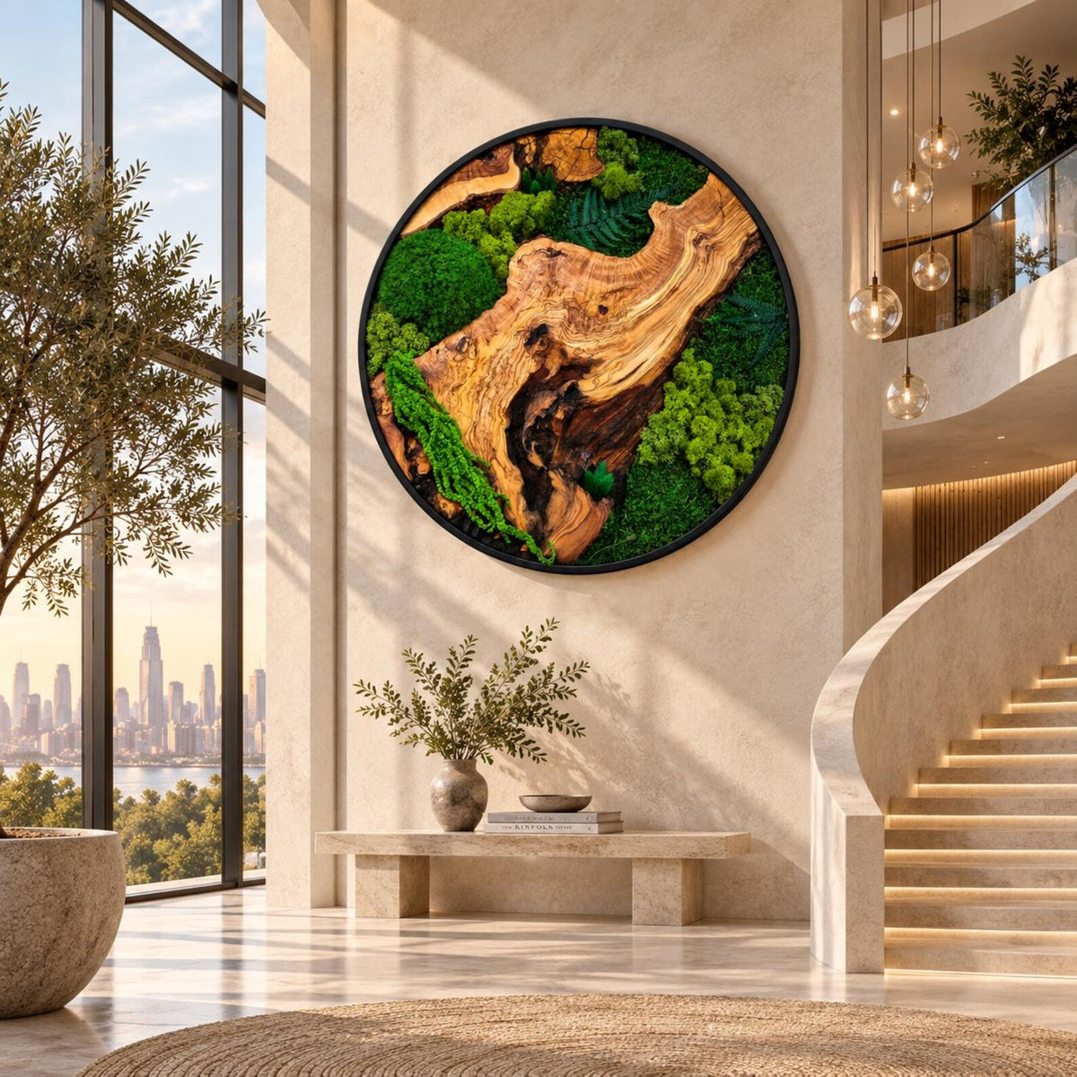 A circular wall art piece featuring a large, polished piece of natural wood grain with dark knots, surrounded by various textures of preserved green moss in different shades, all enclosed within a thin black circular frame.