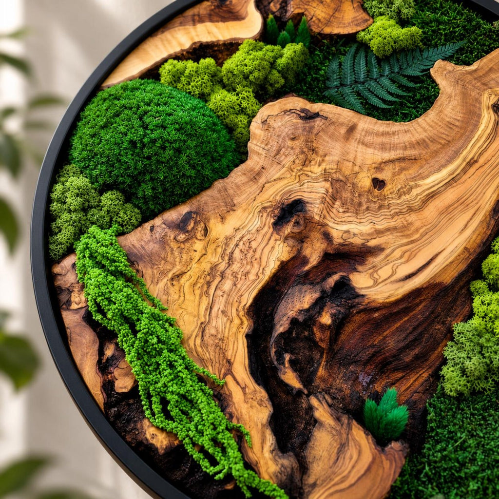 A circular wall art piece featuring a polished piece of natural wood with prominent grain patterns, accented by vibrant green preserved moss and a dark green fern frond, all encased within a thin black circular metal frame.