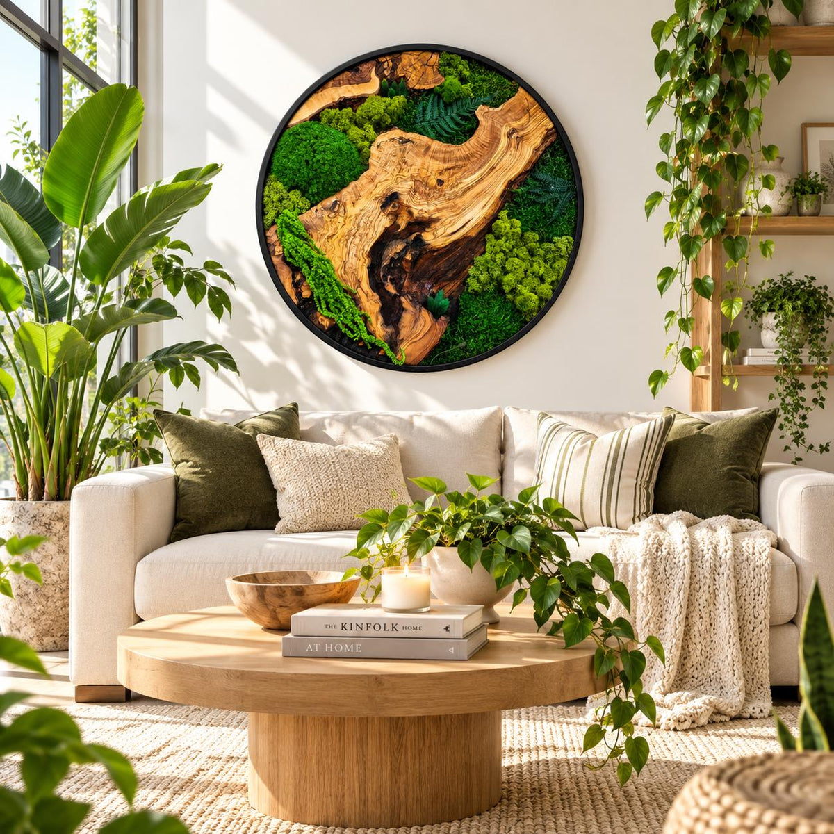 A circular wall art piece featuring a natural wood slab centerpiece surrounded by preserved green moss and ferns, encased in a thin black frame. The artwork is mounted on a white wall above a beige sofa with various throw pillows.