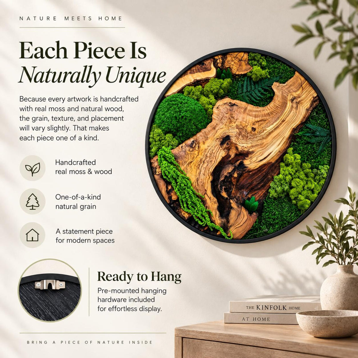 A circular wall art piece featuring a natural wood slice with prominent grain patterns, surrounded by various textures of preserved green moss and fern leaves, all enclosed in a thin black frame with pre-mounted hanging hardware.