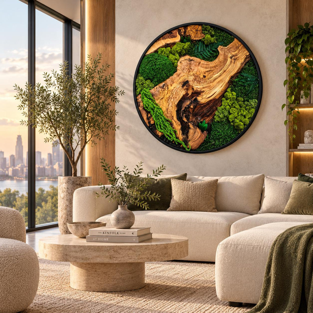 A circular wall art piece featuring a natural wood slab centerpiece surrounded by vibrant green preserved moss, all encased in a thin black frame. The wood displays intricate grain patterns and dark, textured knots.