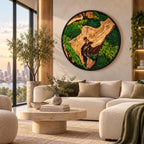 A circular wall art piece featuring a natural wood slab centerpiece surrounded by vibrant green preserved moss, all encased in a thin black frame. The wood displays intricate grain patterns and dark, textured knots.
