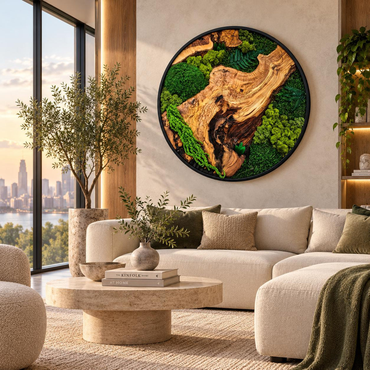 A circular wall art piece featuring a natural wood slab centerpiece surrounded by vibrant green preserved moss, all encased in a thin black frame. The wood displays intricate grain patterns and dark, textured knots.