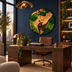 A circular wall art piece featuring a natural wood slice centerpiece surrounded by vibrant green preserved moss and ferns, encased in a thin black frame. The artwork is mounted on a dark navy blue wall above a wooden desk.