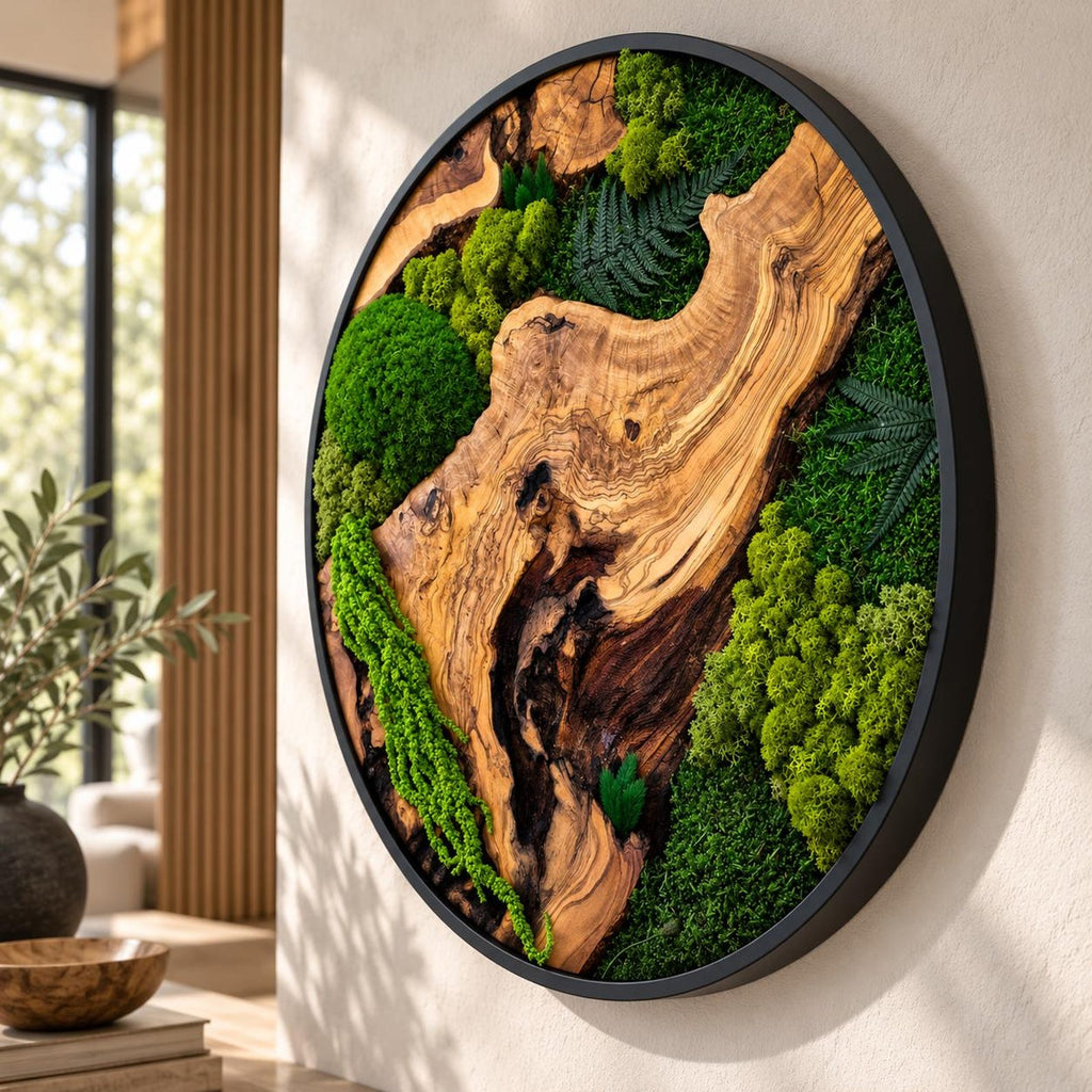 A circular wall art piece featuring a natural wood slab with prominent grain patterns, surrounded by preserved green moss and dark green fern fronds. The entire arrangement is encased in a thin, black circular metal frame.