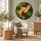A circular wall art piece featuring a natural wood slice centerpiece surrounded by various shades of preserved green moss and ferns, all encased within a thin black frame, creating a textured botanical display for interior decor.