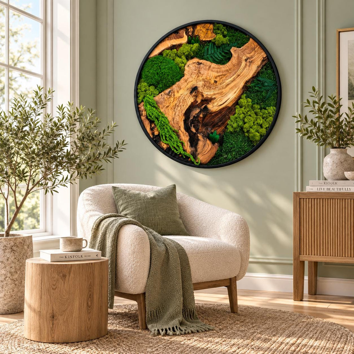 A circular wall art piece featuring a natural wood slice centerpiece surrounded by various shades of preserved green moss and ferns, all encased within a thin black frame, creating a textured botanical display for interior decor.