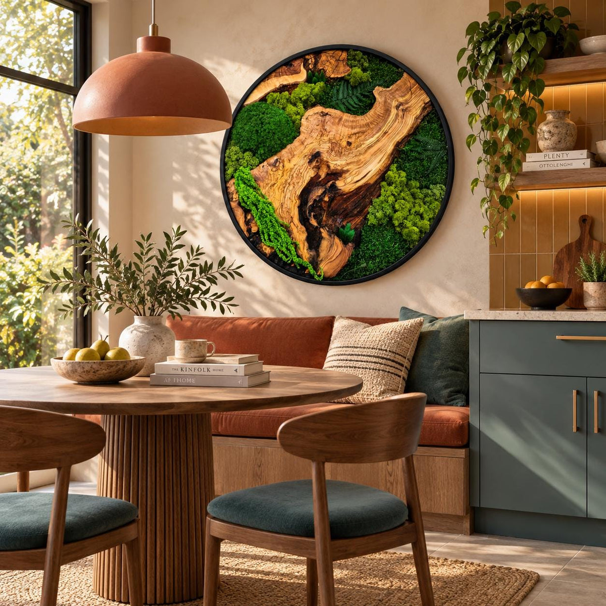A circular wall art piece featuring a natural wood slice centerpiece surrounded by vibrant green preserved moss. The artwork is encased in a thin black frame and mounted on a wall above a dining area with a wooden table and chairs.
