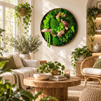 A circular wall art piece featuring preserved green moss and natural driftwood arranged within a thin copper-toned frame. The composition displays various textures of vibrant forest green mosses and light brown wood branches.