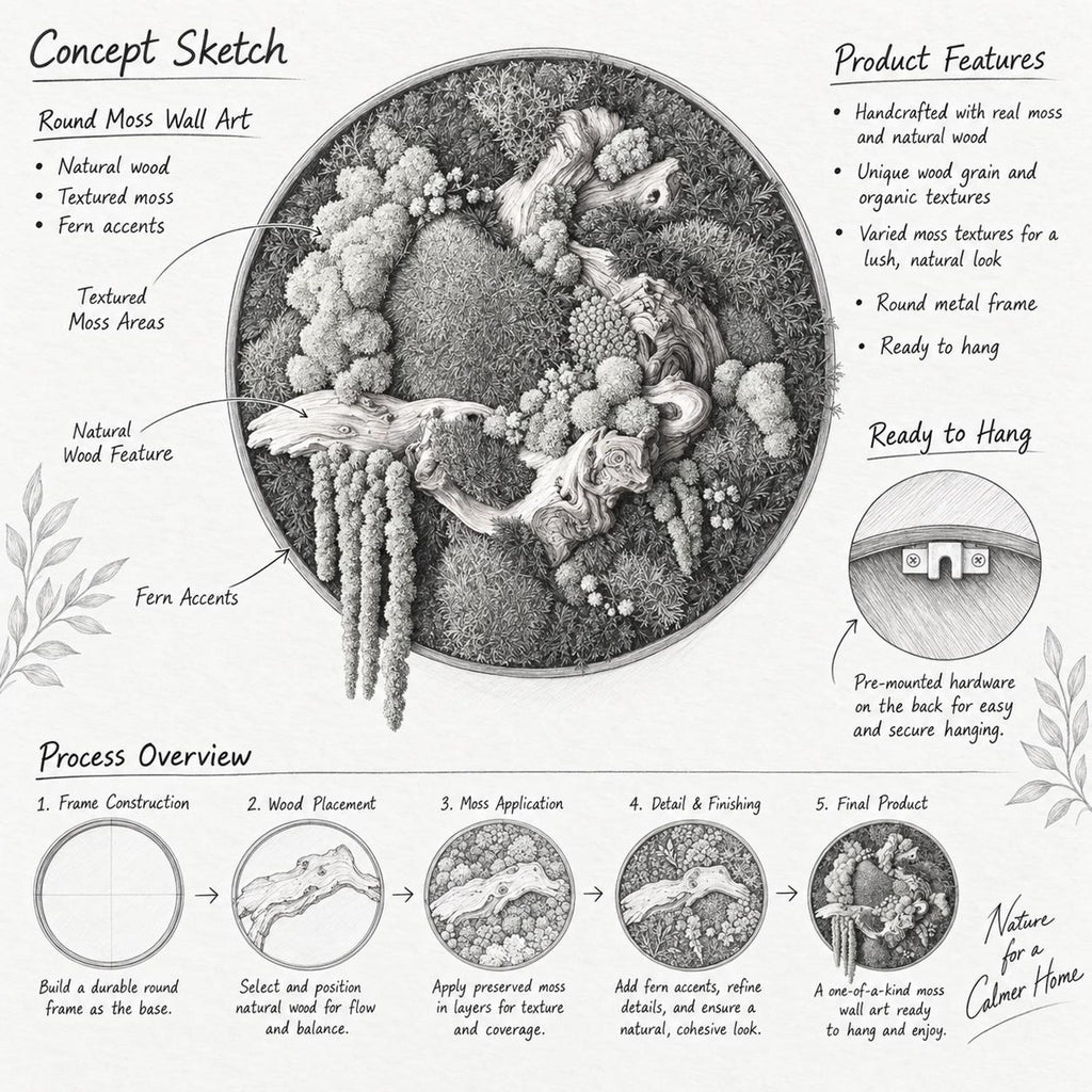 A round moss wall art concept sketch featuring a circular frame filled with textured moss, natural wood pieces, and fern accents. The image includes text labels for product features, a process overview, and a close-up of hanging hardware.