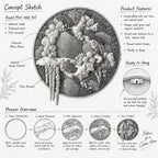 A round moss wall art concept sketch featuring a circular frame filled with textured moss, natural wood pieces, and fern accents. The image includes text labels for product features, a process overview, and a close-up of hanging hardware.