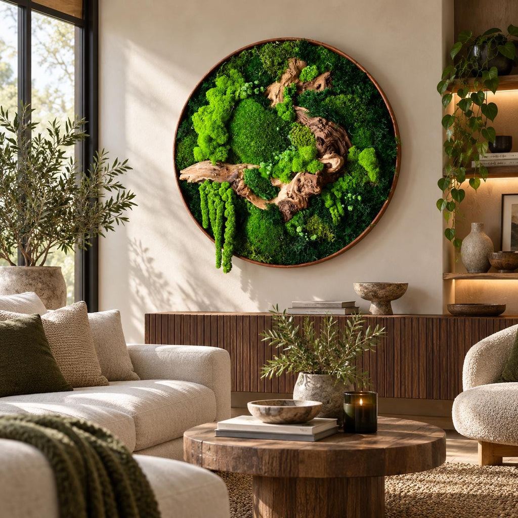 A circular wall art piece featuring a dense arrangement of vibrant green preserved moss and natural driftwood branches. The composition is contained within a thin, circular frame, showcasing various textures of moss and wood.