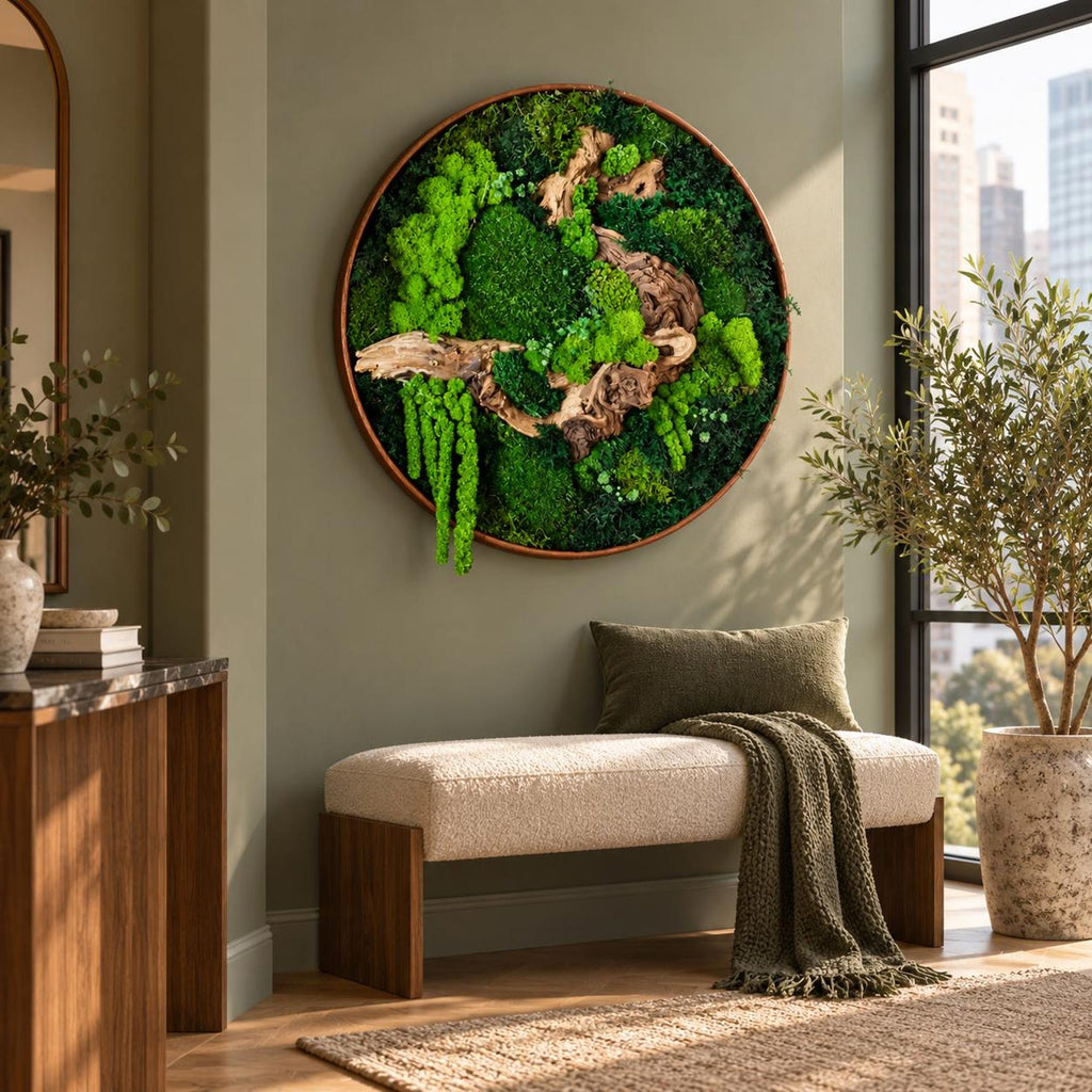 A circular wall art piece featuring preserved green moss and natural driftwood arranged within a thin wooden frame. The composition includes various textures of bright and dark green moss with trailing elements and gnarled wood.