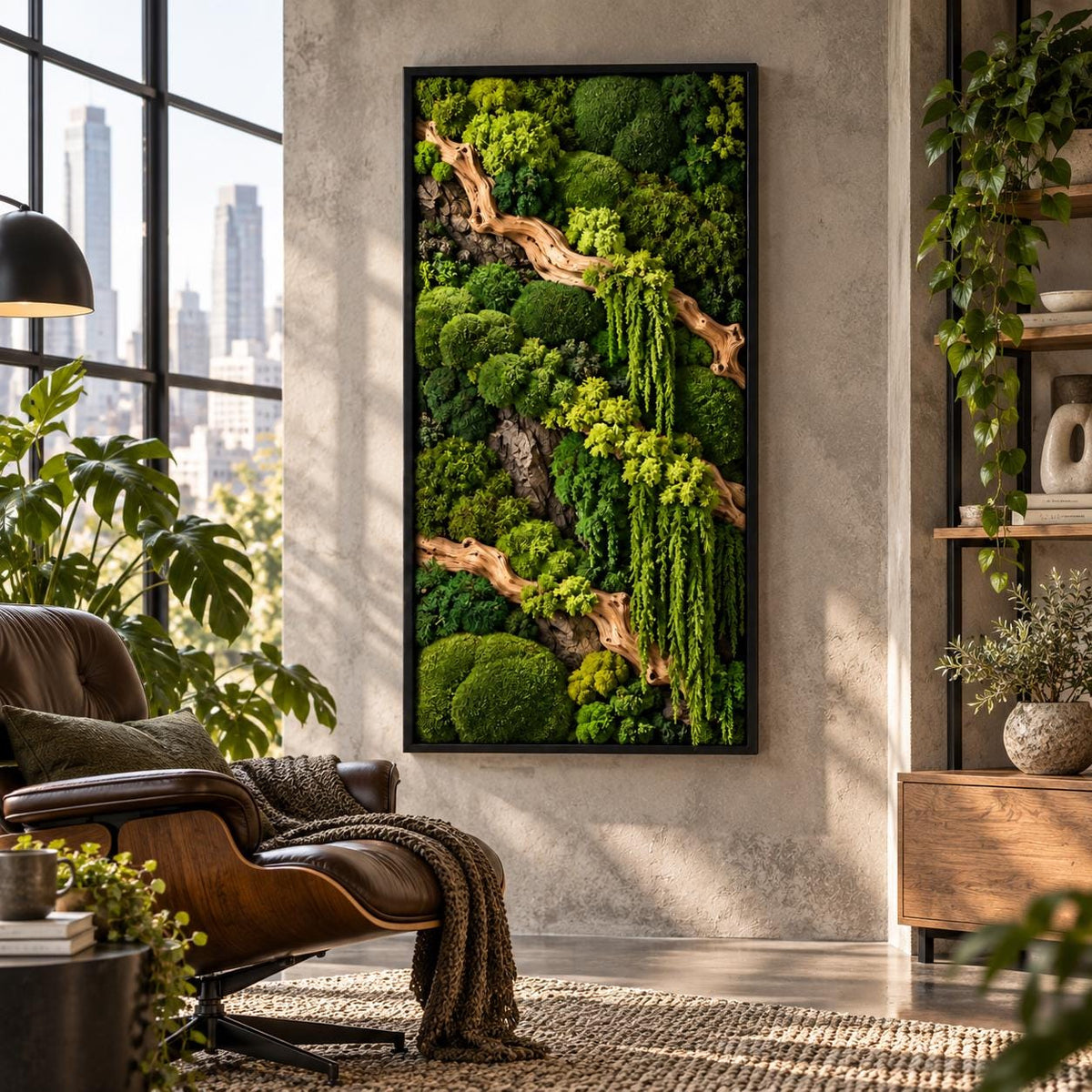 Preserved green moss and driftwood arranged in a tall black frame.