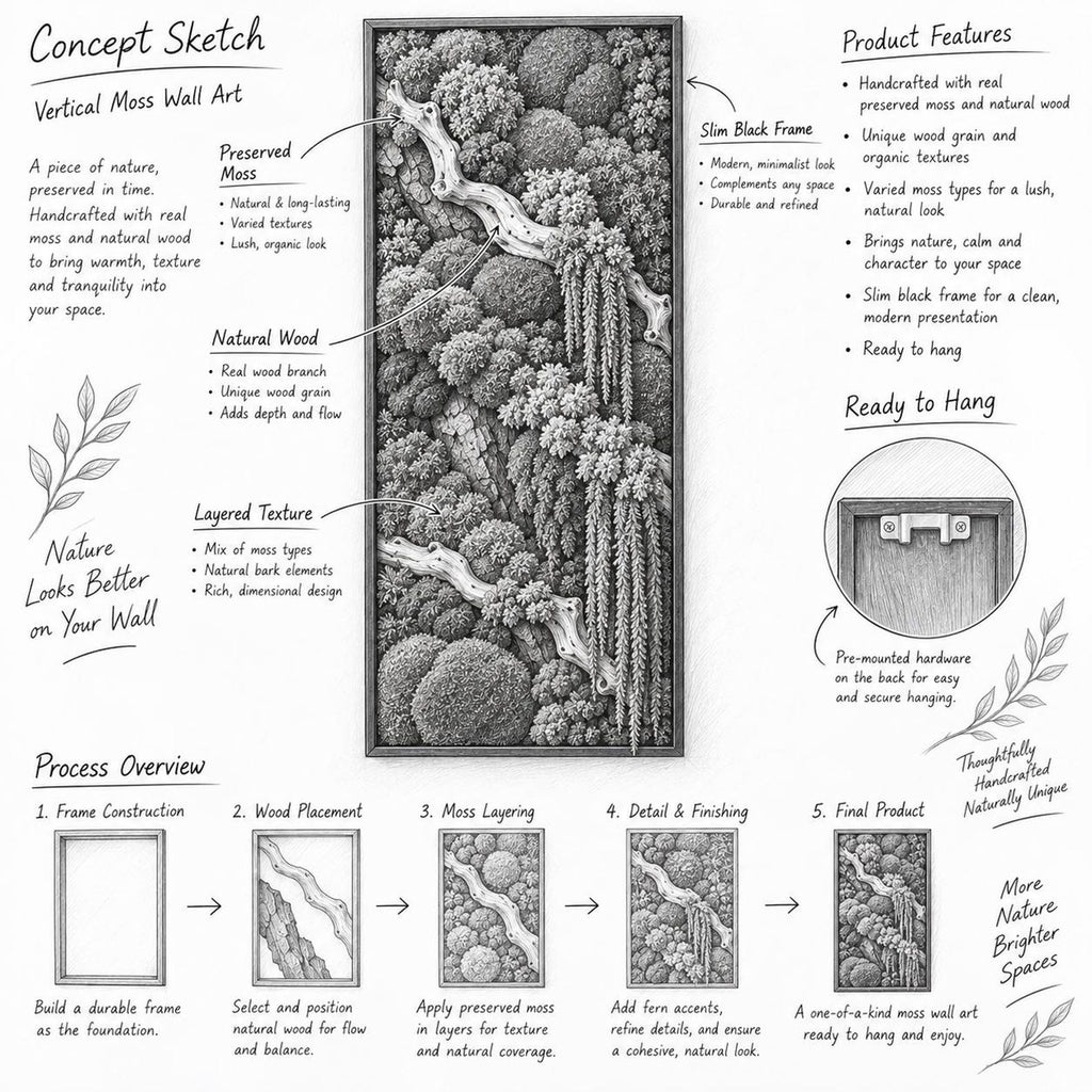 A vertical rectangular wall art piece featuring preserved moss and natural wood branches encased in a slim black frame. The design includes layered moss textures, bark elements, and a pre-mounted hanging bracket on the back.