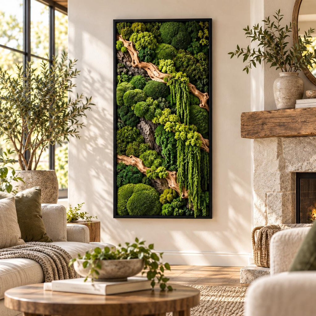 A rectangular wall art piece featuring a dense arrangement of preserved green moss in various shades and textures, accented by light-colored driftwood branches, all enclosed within a thin, black rectangular frame mounted on a wall.