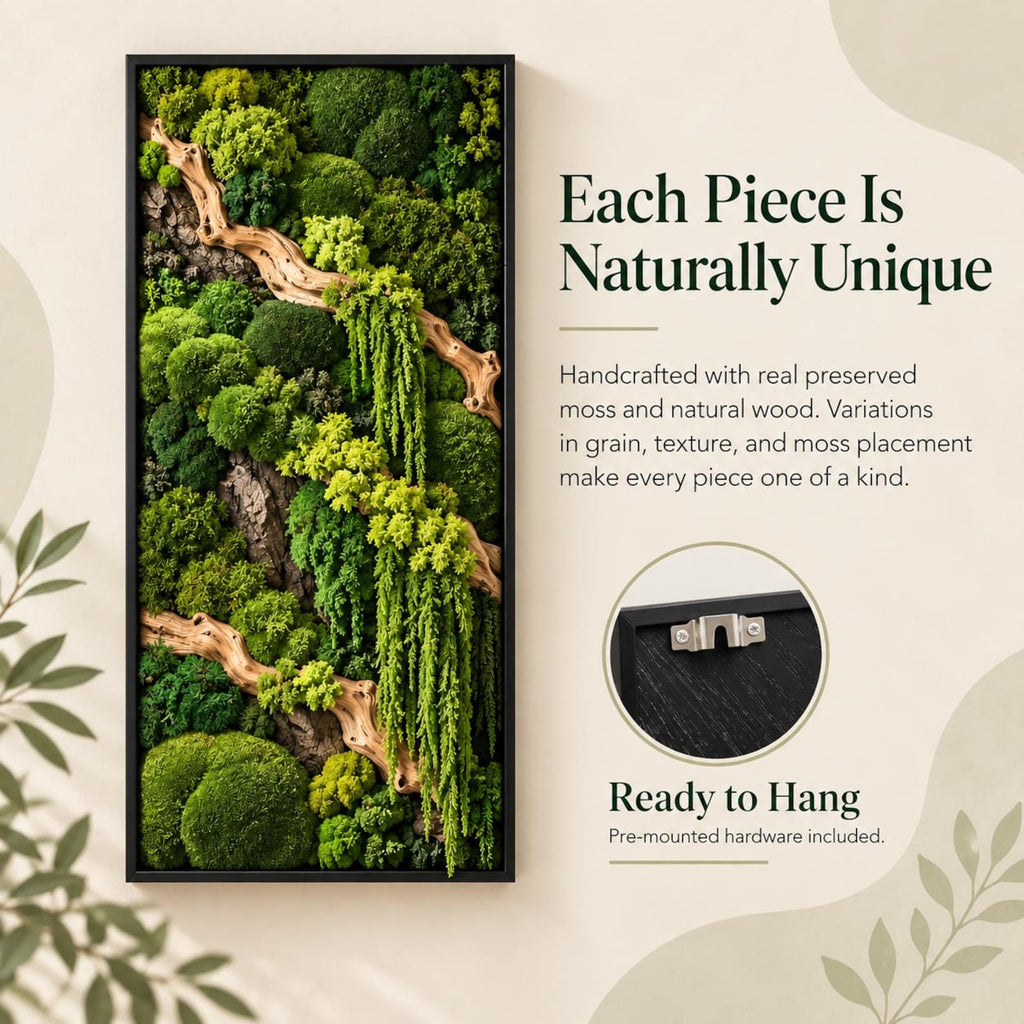 A rectangular wall art piece featuring preserved green moss and natural wood branches in a black frame. Text reads: Each Piece Is Naturally Unique, Handcrafted with real preserved moss and natural wood, Ready to Hang.