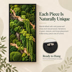 A rectangular wall art piece featuring preserved green moss and natural wood branches in a black frame. Text reads: Each Piece Is Naturally Unique, Handcrafted with real preserved moss and natural wood, Ready to Hang.