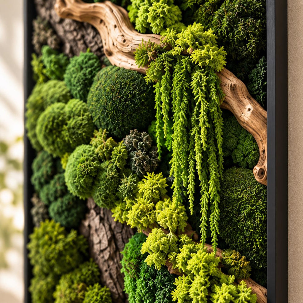 A rectangular wall art piece featuring a dense arrangement of preserved green moss in various shades, textures, and shapes, accented by a piece of light brown driftwood, all enclosed within a thin, black metal frame.