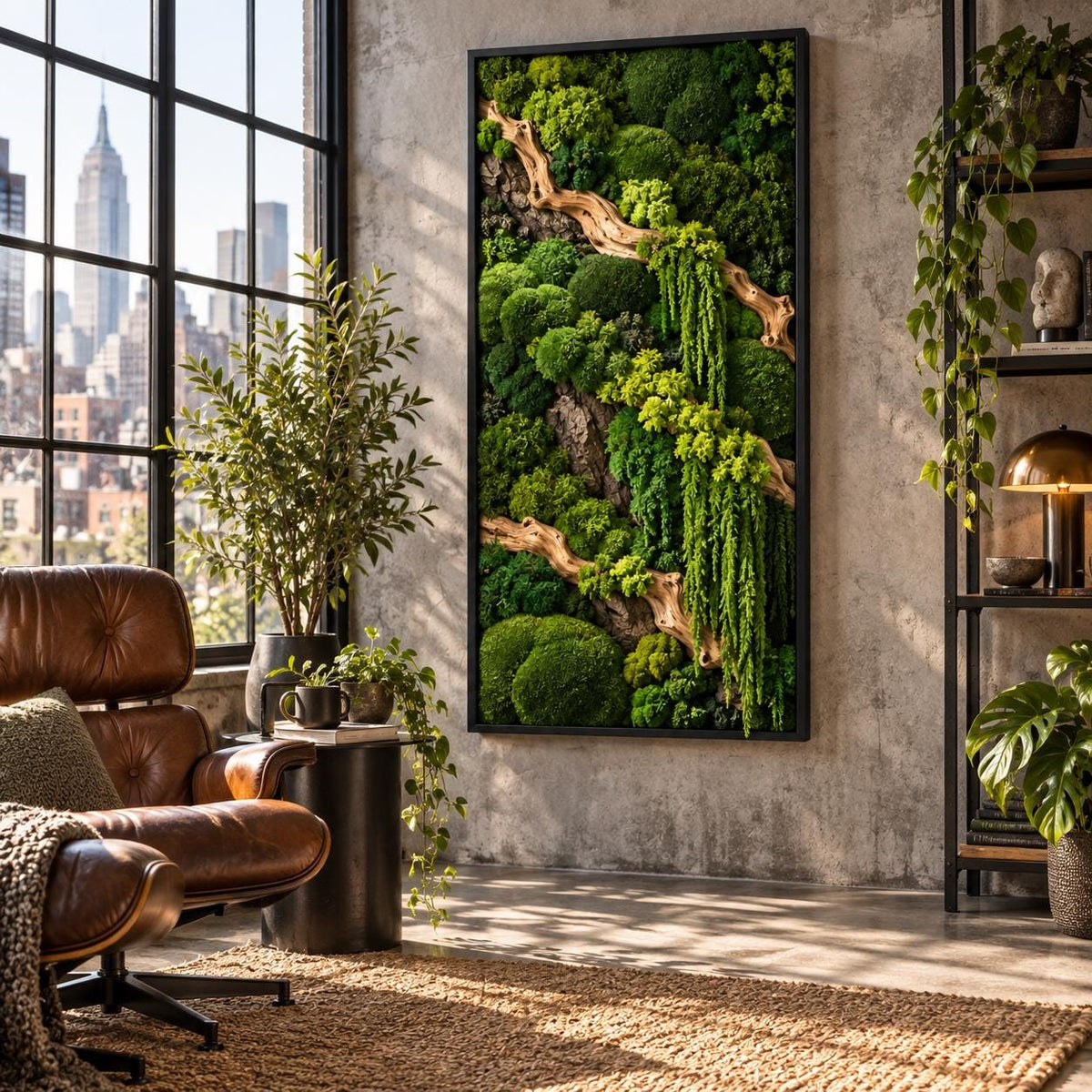 A rectangular wall art piece featuring a vertical arrangement of preserved green moss in various textures and shades, accented by light-colored driftwood branches, all enclosed within a thin, black rectangular frame.