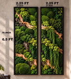 Two vertical rectangular wall art panels featuring preserved green moss and light brown driftwood branches. Each panel measures 2.25 feet or 27 inches wide and 6.5 feet or 78 inches tall, framed in black, showcasing varied textures of moss.