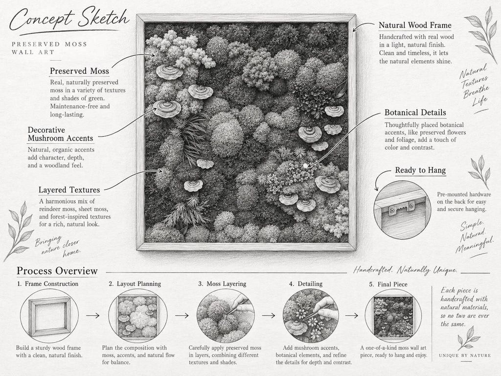 A black and white concept sketch of preserved moss wall art in a natural wood frame. The illustration details include preserved moss, decorative mushroom accents, layered textures, botanical elements, and hanging hardware.