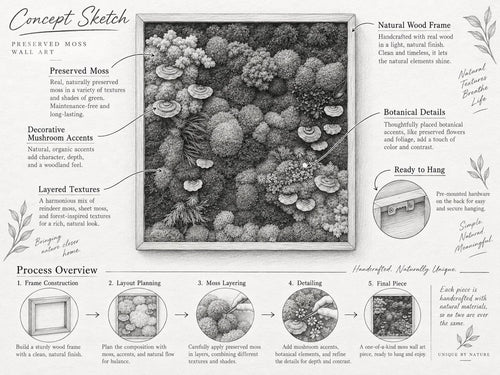 A black and white concept sketch of preserved moss wall art in a natural wood frame. The illustration details include preserved moss, decorative mushroom accents, layered textures, botanical elements, and hanging hardware.