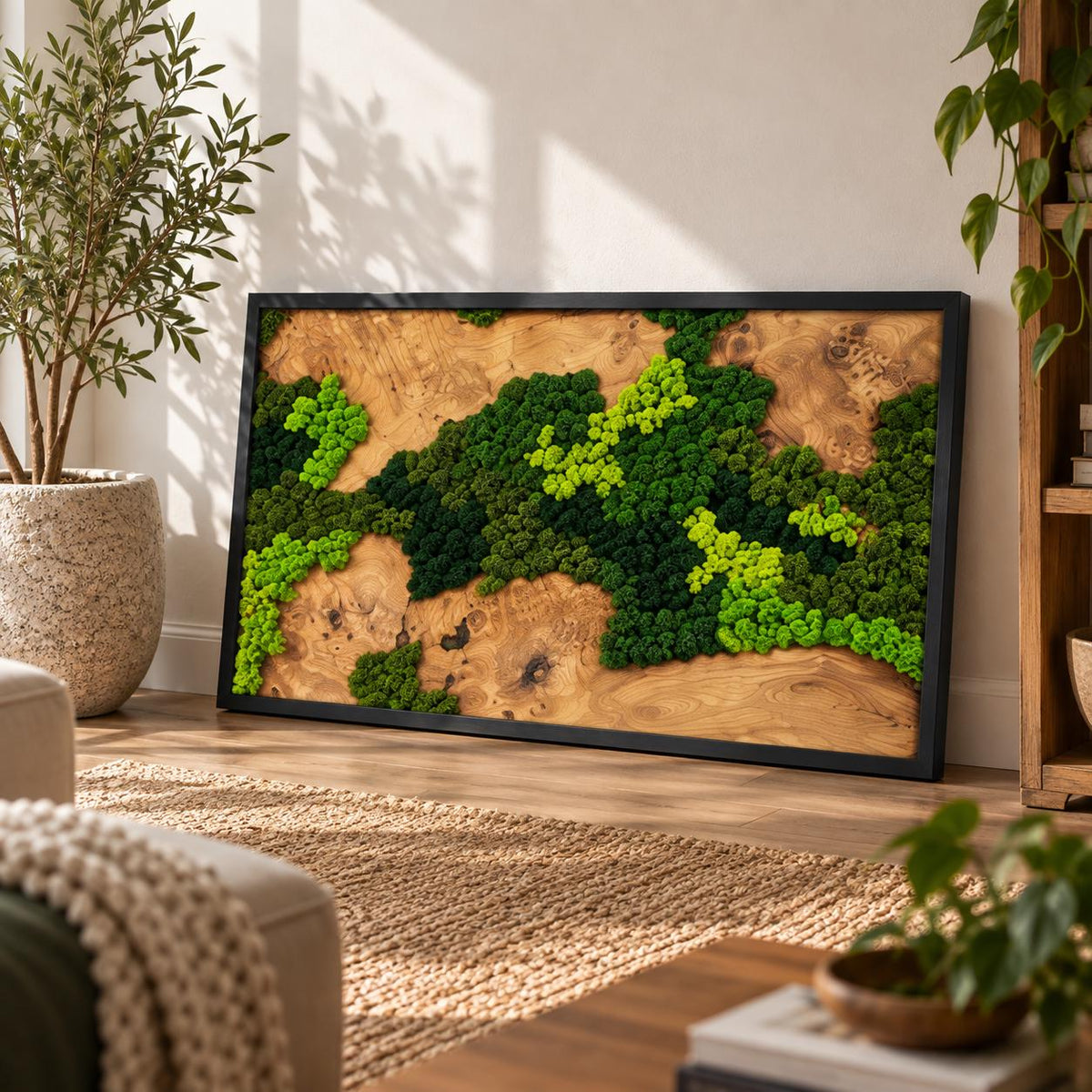 A rectangular wall art piece featuring a natural wood grain background with a black frame. The surface is decorated with preserved moss in various shades of bright lime green, forest green, and dark emerald green textures.