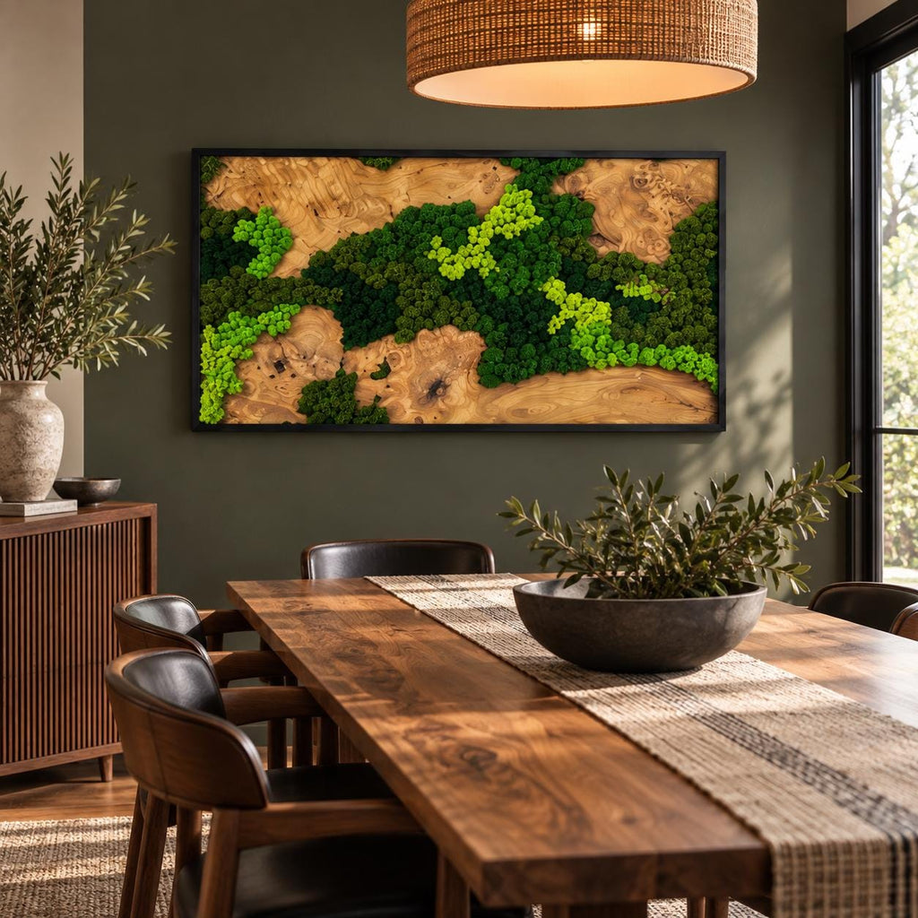 A rectangular wall art piece featuring a natural wood slab with organic grain patterns, accented by patches of preserved moss in varying shades of bright lime green and deep forest green, all enclosed within a thin black frame.