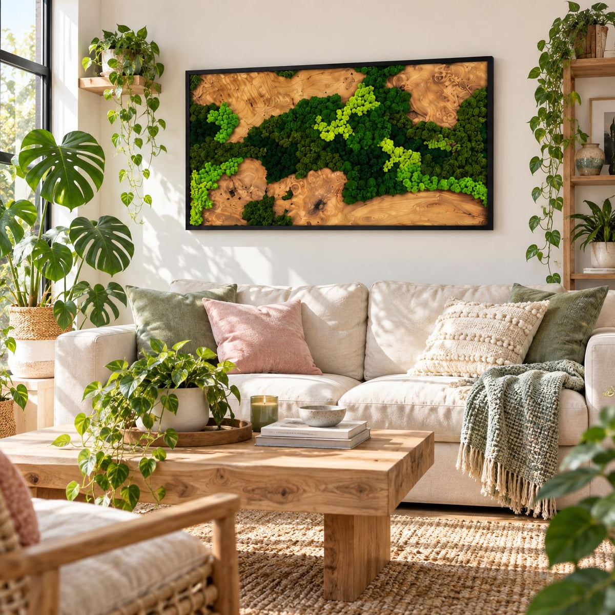 A rectangular wall art piece featuring preserved green moss arranged in organic shapes against a natural light-colored wood grain background, framed in a thin black border and mounted on a white wall above a beige sofa.