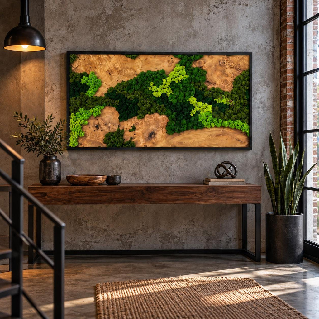 A rectangular wall art piece featuring a natural wood slab with organic grain patterns and patches of preserved bright lime and dark forest green moss, enclosed in a thin black frame and mounted on a gray concrete wall.