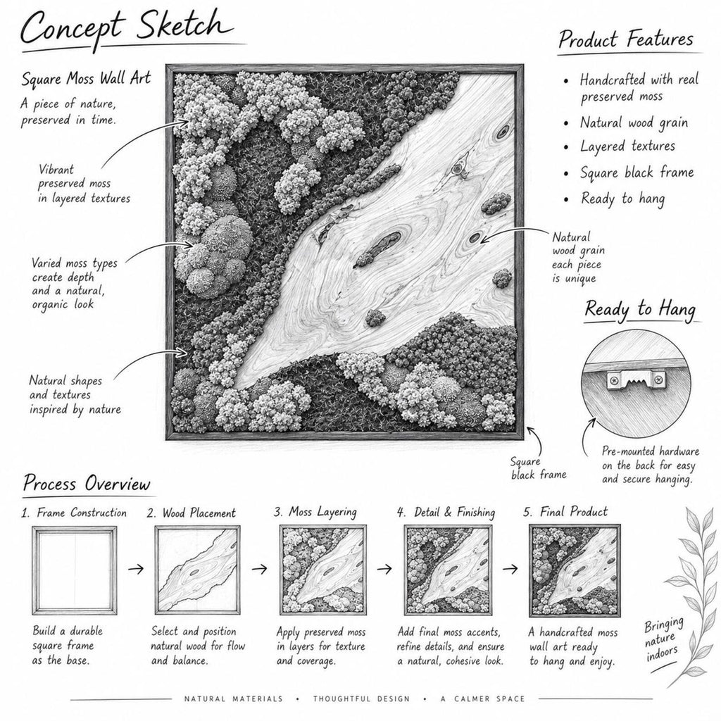 A black and white concept sketch of square moss wall art. The illustration shows a square black frame containing layered preserved moss and natural wood grain. Text labels detail product features, a process overview, and hanging hardware.