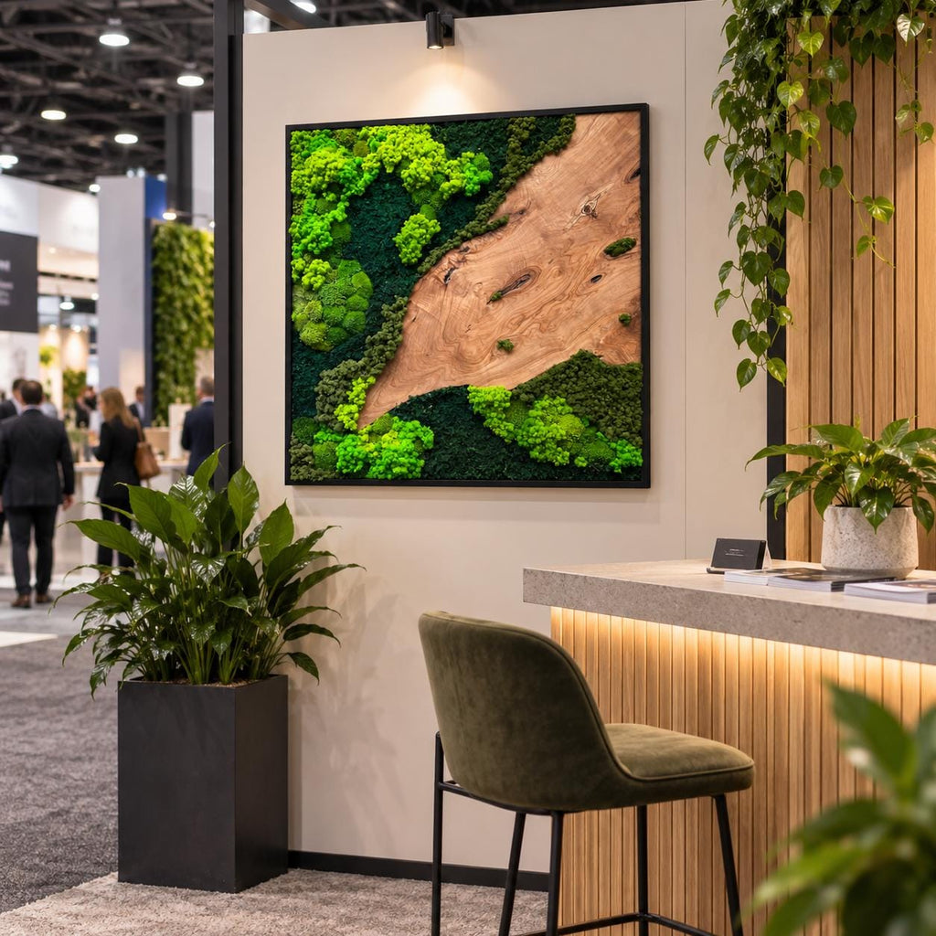 A square wall art piece featuring a natural wood grain panel contrasted with vibrant green preserved moss in various textures and shades, all encased within a thin black frame, mounted on a neutral-colored display wall.
