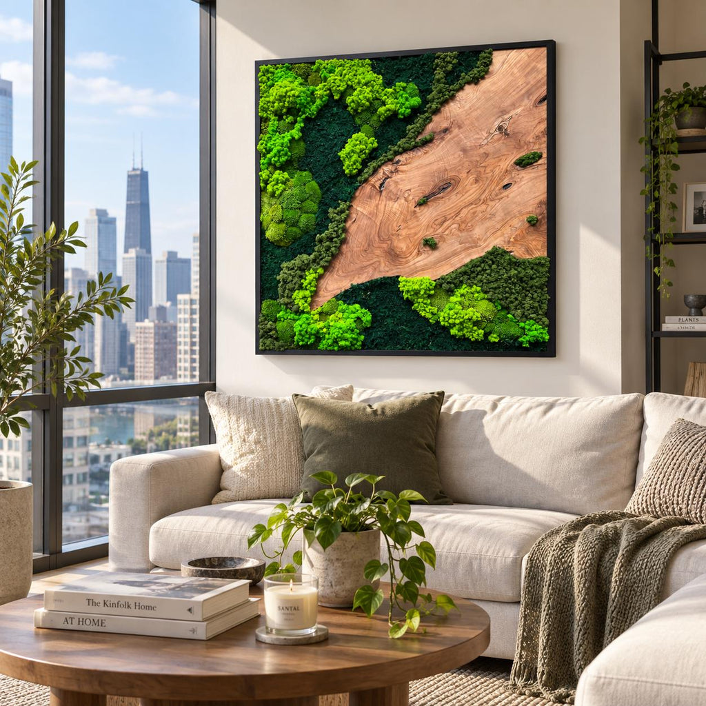 A square wall art piece featuring a natural wood slab with a prominent grain pattern, surrounded by preserved moss in varying shades of bright lime green and deep forest green, all encased within a thin black frame.