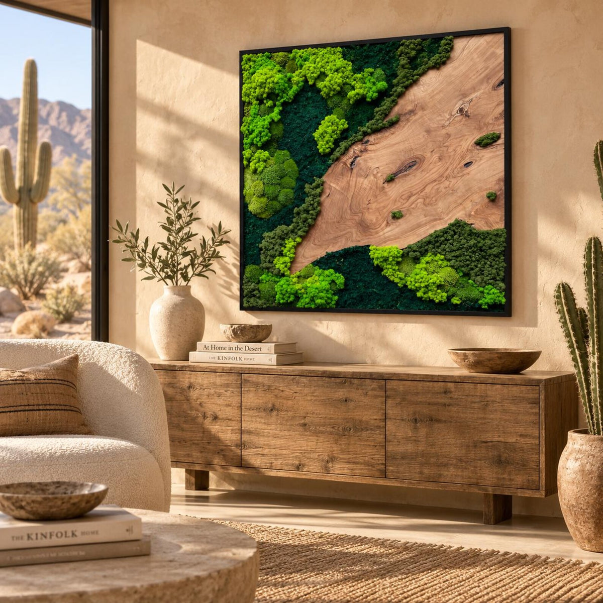 A square wall art piece featuring a natural wood grain panel contrasted with vibrant lime green and deep forest green preserved moss. The composition is framed in a thin black border, creating a textured, organic landscape display.