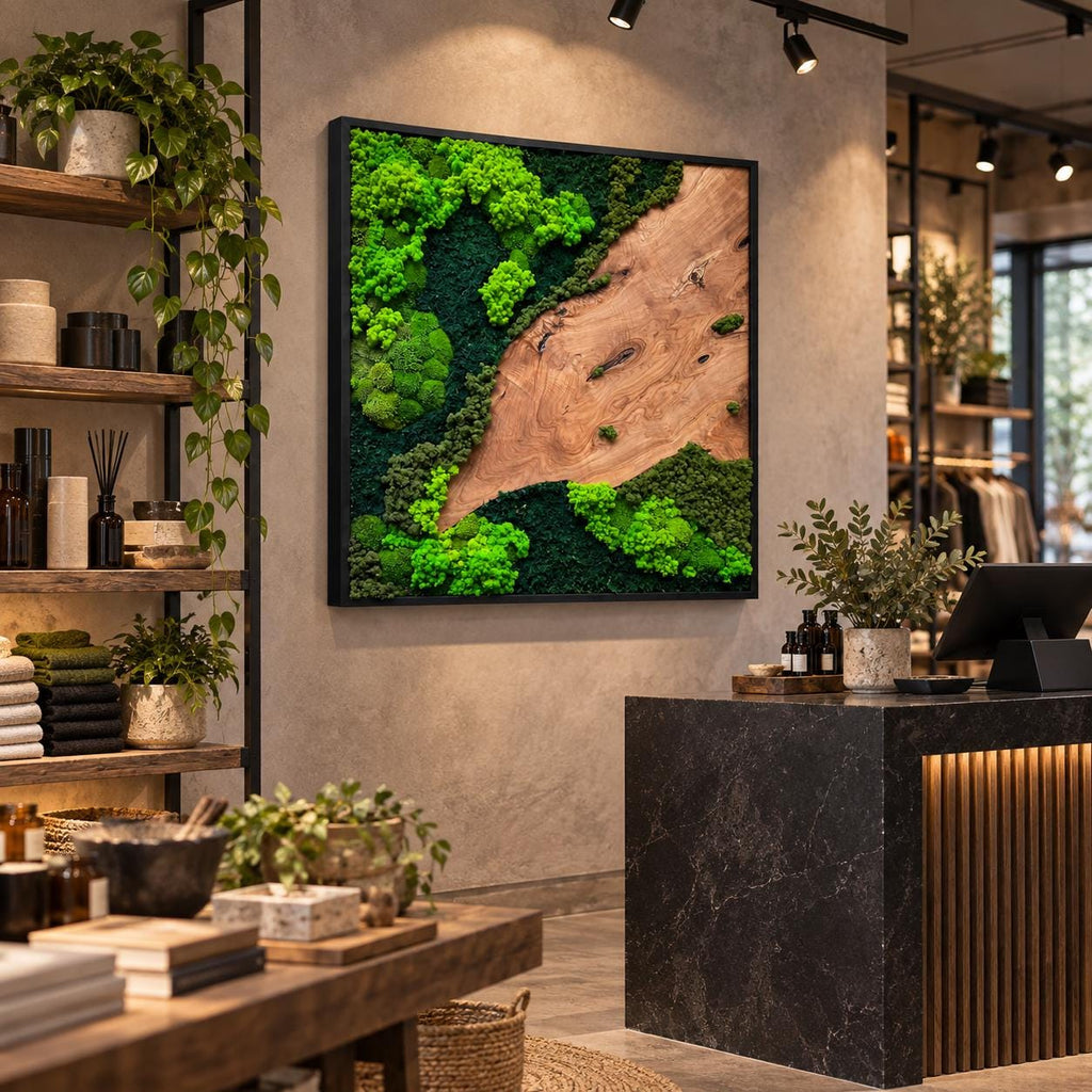A square wall art piece featuring a combination of preserved bright green moss and a natural wood slab with visible grain, enclosed in a thin black frame. The composition displays a contrast between organic textures and wood.