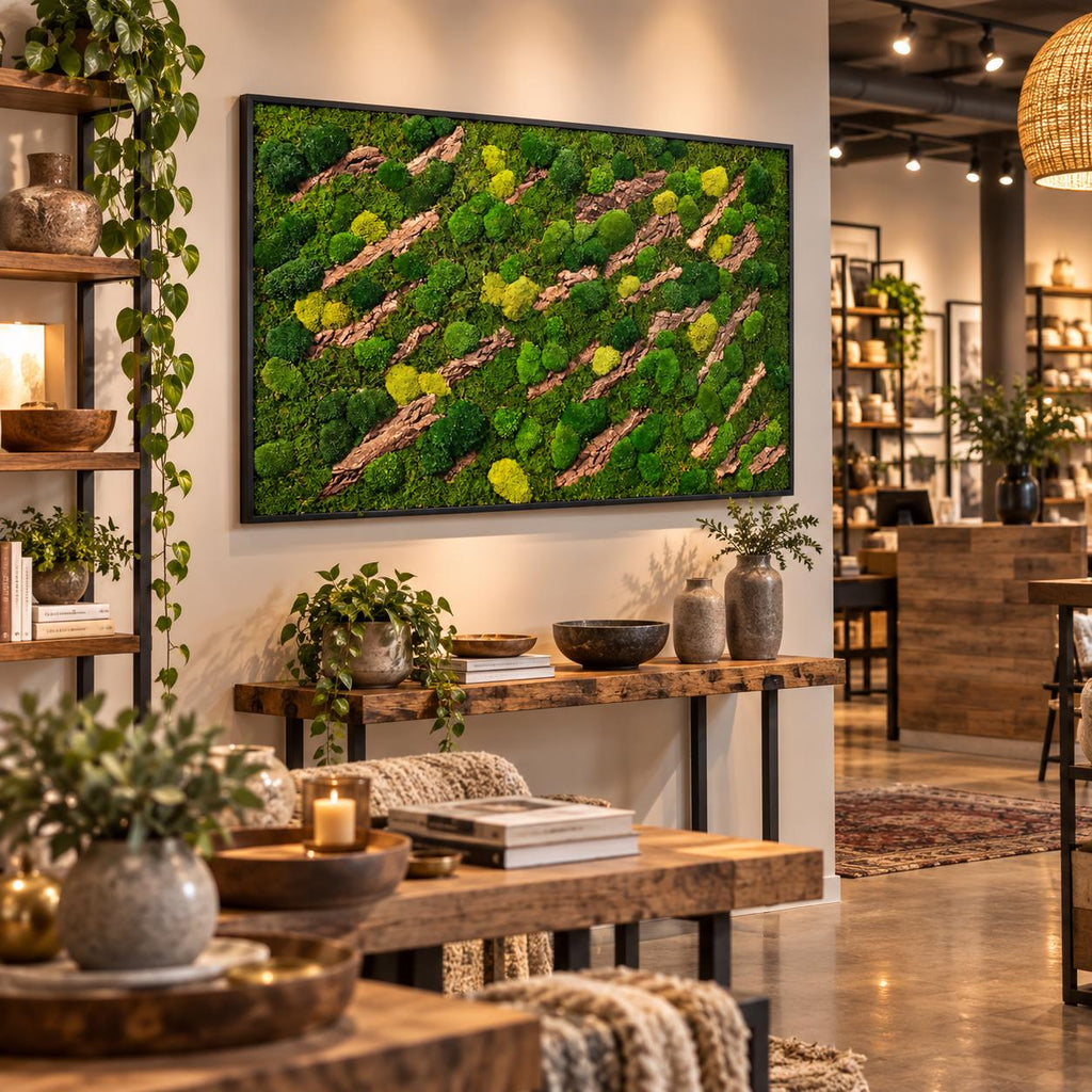A rectangular wall art piece featuring a dense arrangement of preserved green moss in varying shades of lime and forest green, interspersed with diagonal strips of natural brown tree bark, all enclosed in a thin black frame.