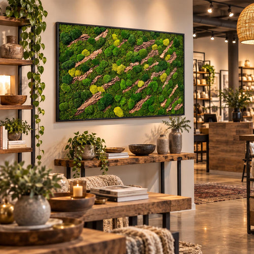 A rectangular wall art piece featuring a dense arrangement of preserved green moss in varying shades of lime and forest green, interspersed with diagonal strips of natural brown tree bark, all enclosed in a thin black frame.