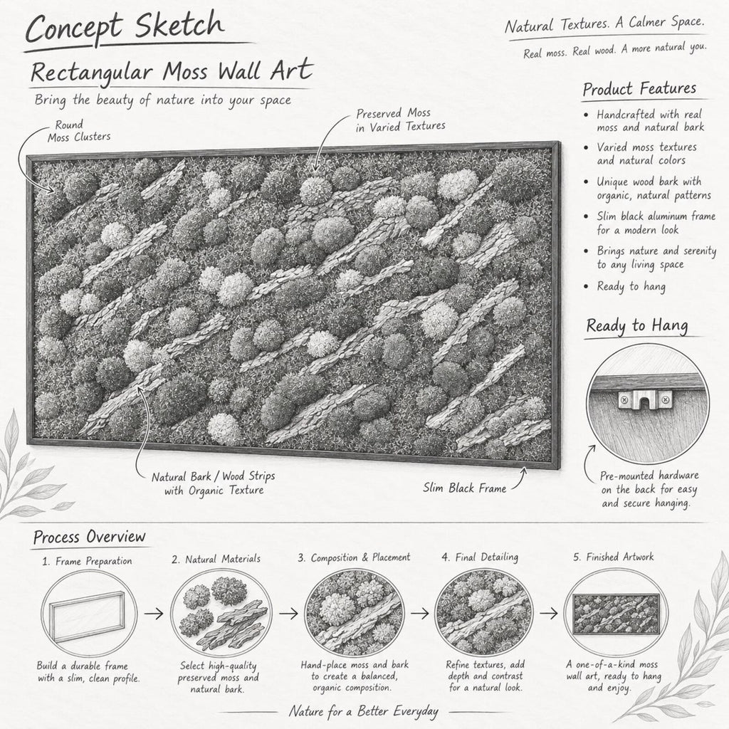 A rectangular moss wall art piece featuring preserved moss in varied textures and round clusters, interspersed with natural bark wood strips. The artwork is encased in a slim black frame and includes pre-mounted hardware on the back.