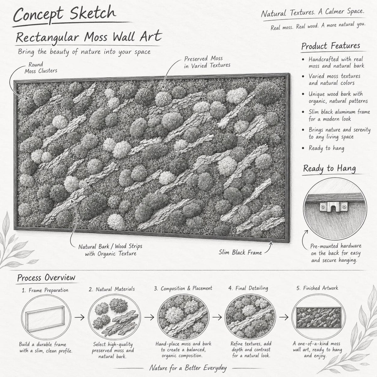 A rectangular moss wall art piece featuring preserved moss in varied textures and round clusters, interspersed with natural bark wood strips. The artwork is encased in a slim black frame and includes pre-mounted hardware on the back.