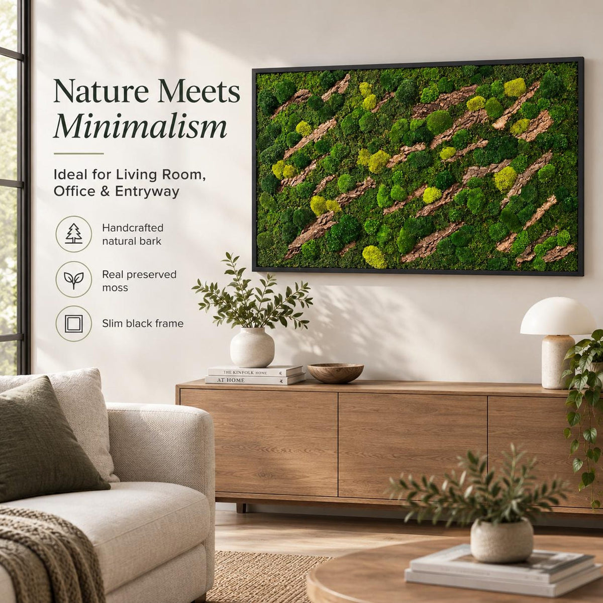 A rectangular wall art piece featuring preserved green moss and natural bark textures encased in a slim black frame. The text on the wall reads Nature Meets Minimalism, Ideal for Living Room, Office & Entryway, Handcrafted natural bark, Real preserved moss, and Slim black frame.