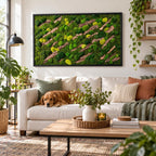 A rectangular wall art piece featuring a dense arrangement of preserved green moss in various shades and textures, interspersed with diagonal strips of natural brown tree bark, all enclosed within a simple black frame.